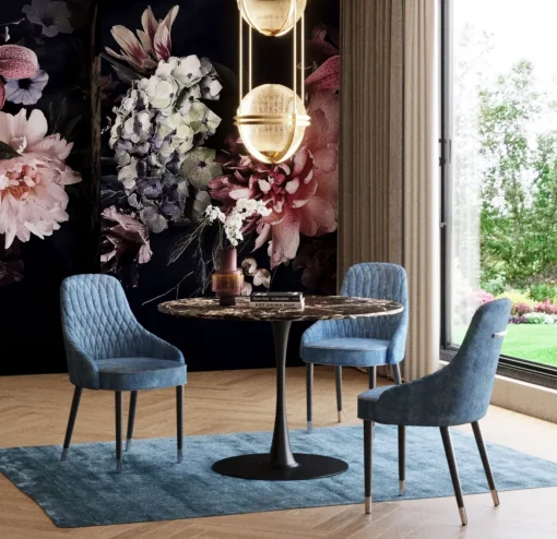 KARE Design Sedia imbottita "Catania" in velluto blu trapuntata con gambe in legno massello - KARE> Sedie